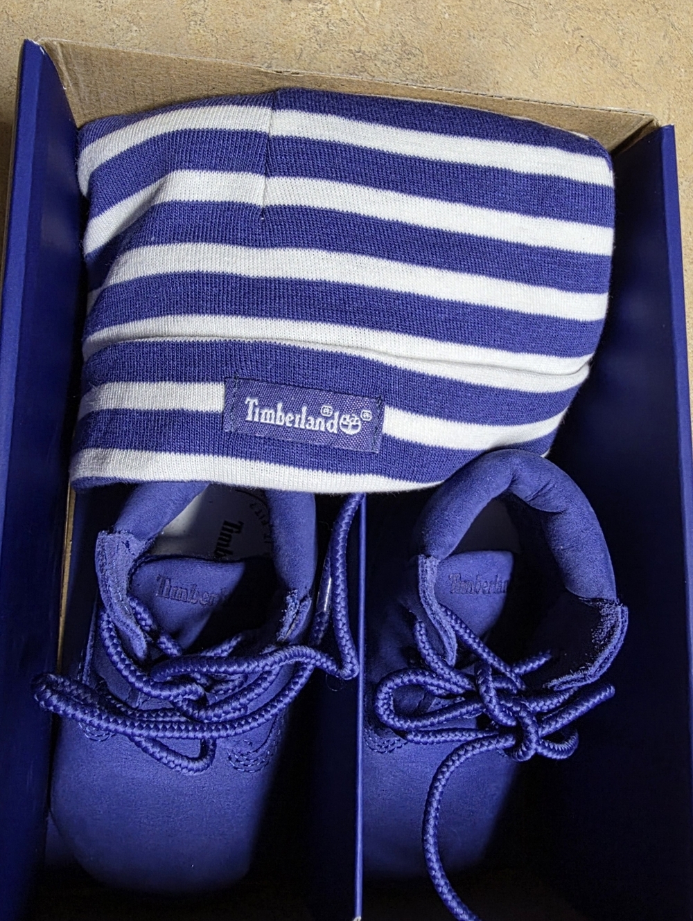 Timberland Royal Blue and White Striped Beanie with Booties